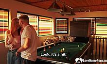 sexy ginger bends over, breaking every billiard room rule