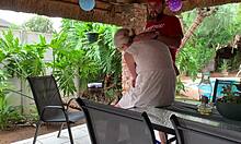 Sexy ex-wife bends over outdoors for a creampie in her shaved pussy