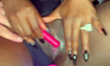 sexy black model teases a white guy by masturbating with a vibrator in tight military gear