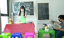 Asian girl gets bent over for hardcore fucking in her shop