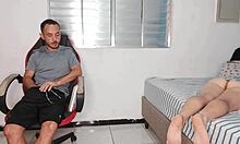 Excited stepsister bends over, exposing her curvy ass to tease her stepbrother during workout