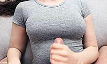 hot cumshot covers my new gray t-shirt after intense handjob