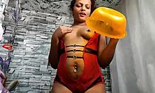 Sheron’s Dildo Play with Saliva and Wet Golden Fun