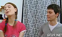 Innocent honey gets her pussy pounded by two hunks