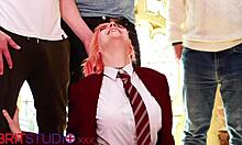 hey, this hot college teen in uniform teases at the party, getting wet and cumming on tits