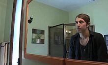 Intense quickie in the bathroom leads to wet pussy fucking and explosive orgasm.