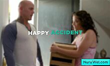 Curly Teen Brunette Masseuse Rubs Her Wet Pussy On Client's Back In Nuru Massage