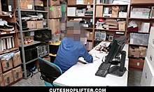 Petite young Asian Jasmine Grey caught stealing, strikes a sex deal with mall officer.