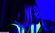 that blonde milf giving a wet blowjob under black lights while on the clock at the shipyard