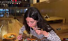 Cum on face in public sushi bar, she eats rolls