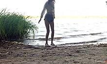 teen redhead mia fingers shaved pussy to wild orgasm beside lake