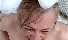 Slave housewife bound at farm for rough blowjob session