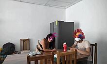 A housemaid sensually touches her body and flirts with a dildo while feeding a blind man