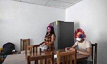 A housemaid sensually touches her body and flirts with a dildo while feeding a blind man