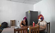 A housemaid sensually touches her body and flirts with a dildo while feeding a blind man