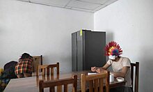 A housemaid sensually touches her body and flirts with a dildo while feeding a blind man