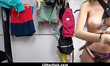 pervy mall officer bangs shoplifter over his office table and chair