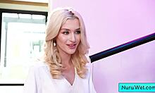 Busty Blonde Masseuse Pours Nuru Gel on Body