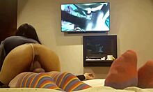 Friend in costume surprises with intimate moment.