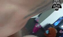 Amateur brunette with pierced nipples worships big cock in crossdressing session with monster cock