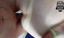 Amateur brunette with pierced nipples worships big cock in crossdressing session with monster cock