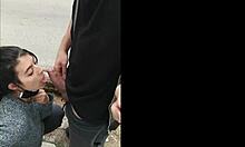 Holy cow! Watch this hot brunette suck dick outdoor in public!