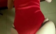 Bent over in red satin lingerie, this slut gets doggystyle fucking with dirty talk