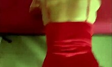 Bent over in red satin lingerie, this slut gets doggystyle fucking with dirty talk