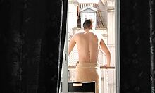 Boldly eyeing hot neighbor from balcony