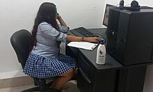 18 years old student in uniform shows off big natural tits while studying computer classes