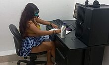18 years old student in uniform shows off big natural tits while studying computer classes