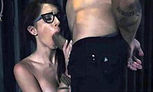 She sucks cock outdoors in bondage, glasses make guys wild