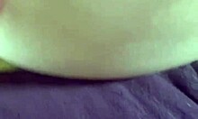 Slut dripping red and cumming with toy while bound in fishnets