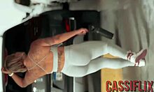 blonde teases with ass shaking and blowjob after gym shower