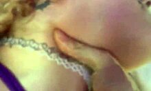 Slut dripping red and cumming with toy while bound in fishnets