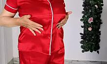 Stepmom Strips to Seduce Stepson for Blowjob and Cumshot on Huge Boobs