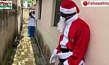 Santa Claus with long dick strokes himself outdoors, then gifts wet pussy to ebony babe