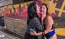 Amateurs explore lesbian fun at fast food, licking natural tits in public