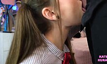 Beautiful Brunette Teen SUCKS COCK CLOSEUP, Getting Cum Covered