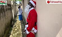 Santa Claus with long dick strokes himself outdoors, then gifts wet pussy to ebony babe