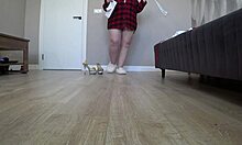 plump mature housewife changes into sexy nurse uniform on floor