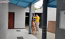 Boss Ladies Welcome Naked Visitor for Garage Group Action