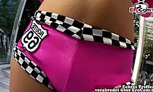 hot brunette babe in pink shorts gets intense pov fucking