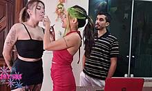 two naughty sluts sucking huge dick of computer technician