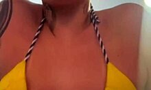 training in bikini thong at gym, got wet from arousal dripping like sea water.