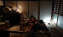 Japanese beauty in stockings finishes with a wild standing handjob.