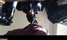 Chairtied, hooded, ballgagged, ring gagged—do I have to suck until he cums?