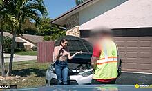 Slay kay bends over in the garden for doggystyle with big cock to fix her car.