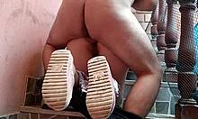 yo, caught neighbor cleaning stairs and banged her near second floor, almost busted!