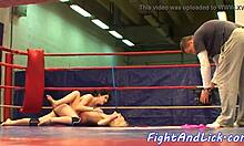 Glamorous Lesbian Wrestles And Then Licks Pussy In Close-Up After The Fight